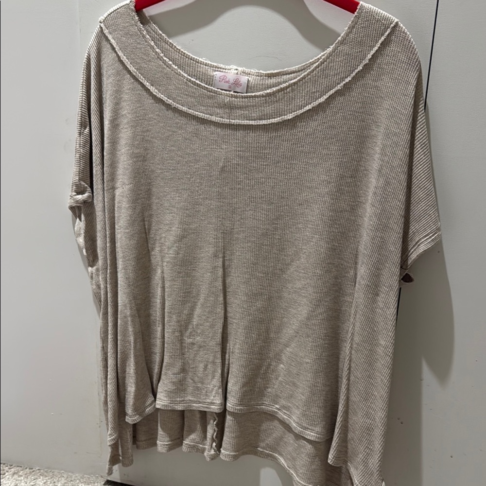 Pink Lily Tan Cream Short Sleeve Boxy Blouse
